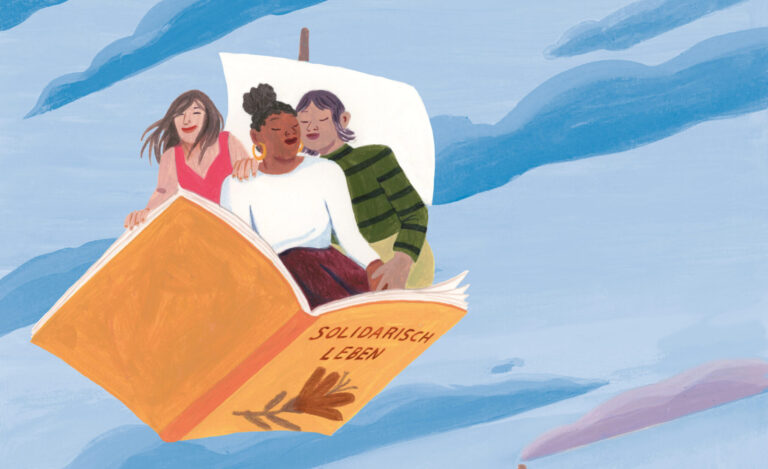 Ganz unterschiedliche Menschen segeln auf Büchern, wie auf Booten durch die Luft. Solidarität